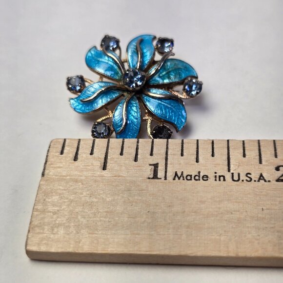 Vintage Blue Enamel Rhinestone Flower Brooch Pin Mid Century Guilloche Style - Picture 11 of 11